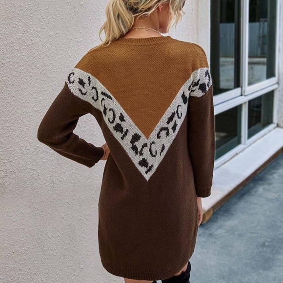 Black Grey Oversized Chevron Leopard print Sweater Dress - Picture 10 of 11